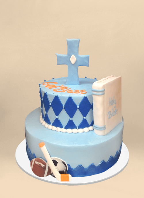 Photo: 2 tier blue frosted cake with bible, sports equipment, cross