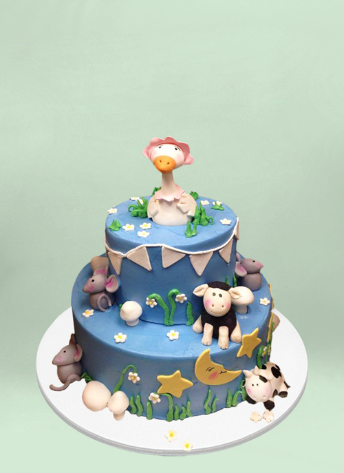 Photo: 2 tier frosted cake with fondant nursery rhyme characters placed around the tiers