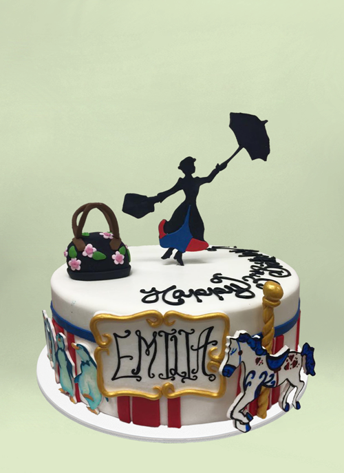 Photo: 1 tier white cake with dimensional mary poppins flying away and elements from the movie