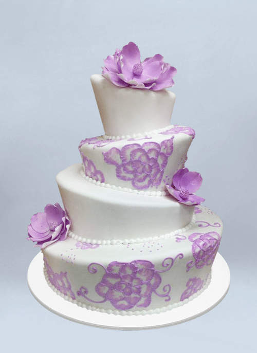 Photo: white topsy 4 tier cake with painted purple and dimensional sugar flowers