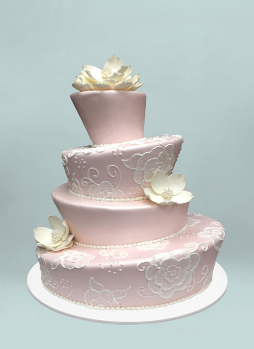 Photo: pink topsy 4 tier cake with white piped flowers and dimensional sugar flowers