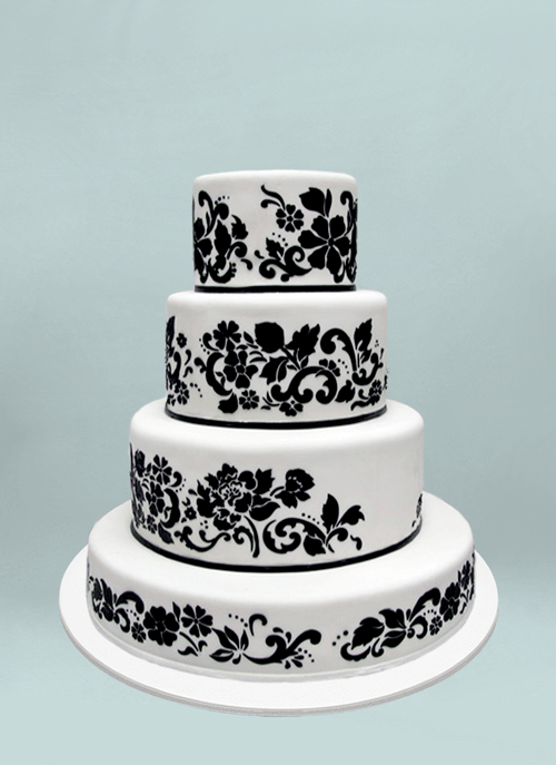 Photo: white fondant cake with black paisley pattern